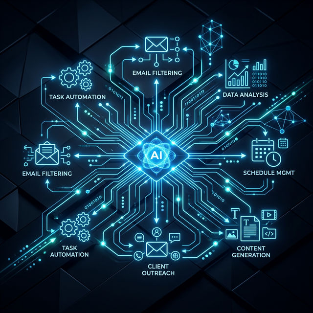 Futuristic abstract representation of artificial intelligence automating daily digital workflows