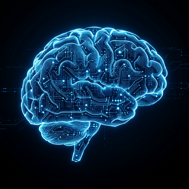 Abstract fusion of a human brain silhouette made of glowing digital server traces