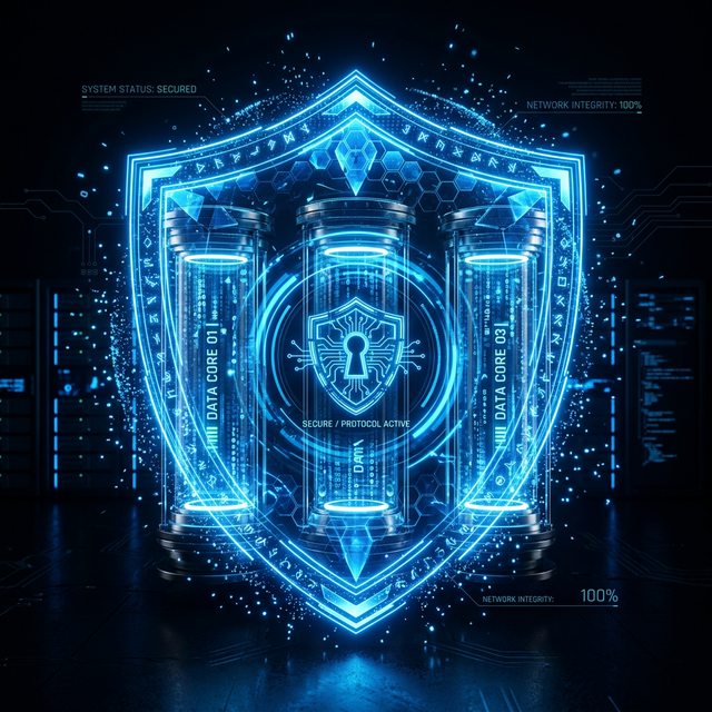 Futuristic glowing shield protecting digital data cores