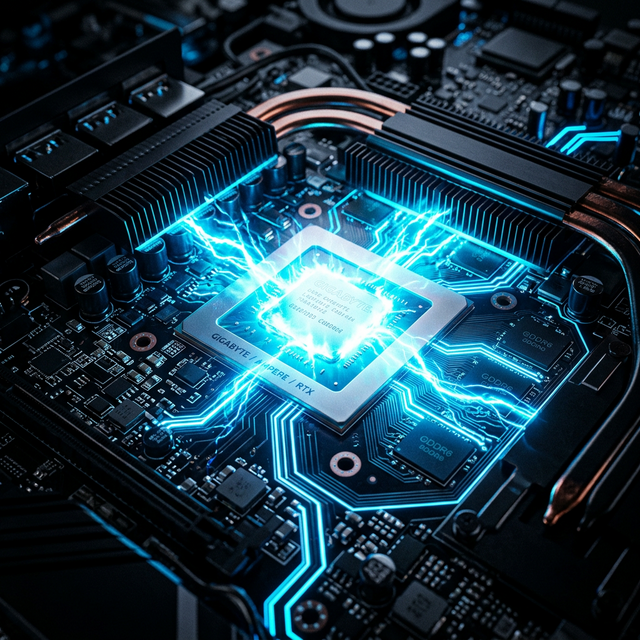 Close-up abstract view of glowing CPU hardware components